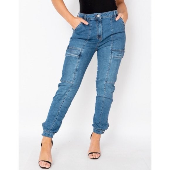 Blue High Waist Denim Jeans Cargo Utility Joggers Jogger Pants - Picture 2 of 11